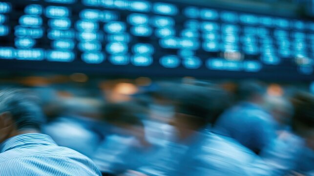 Blurry crowd of traders in a busy stock exchange with digital ticker board overhead