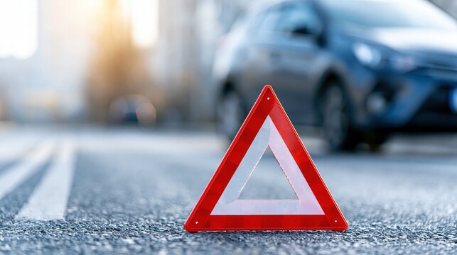 Red reflective hazard triangle warning sign placed on asphalt road next to a car, signaling emergency.