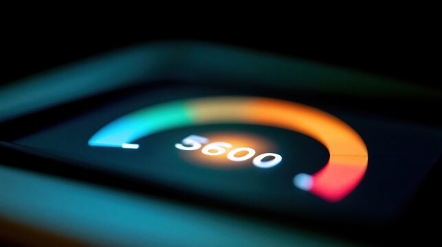 Close up of a digital gauge displaying a credit score of 560, indicating a low financial standing and need for improvement.