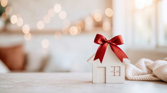 Charming miniature house with a festive red bow, symbolizing a dream home gift or holiday real estate