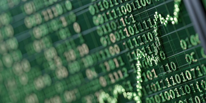 Digital stock market data with rising trend line and binary code, futuristic financial technology concept