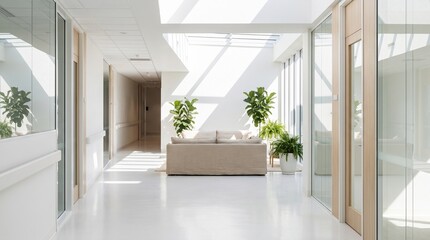 Fototapeta premium Modern Bright Hallway with Comfortable Lounge Area in Medical Facility