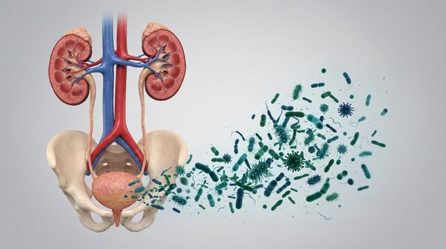 Medical illustration showing human urinary system anatomy with a cloud of bacteria spreading from the bladder representing a urinary tract infection or cystitis medical condition