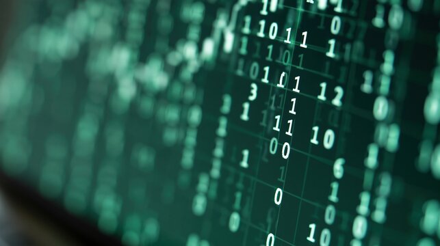 Digital Binary Code Displayed on a Screen with Green Futuristic Glow, Representing Data and Technology