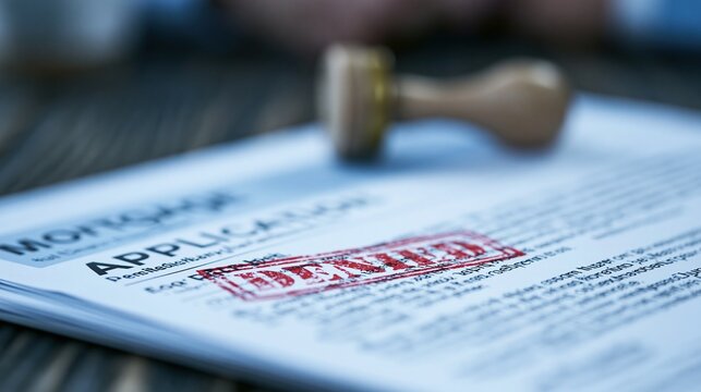 Close-up on a Denied Mortgage Application Document Stamped Red with Approved/Denied Seal on Wooden Desk