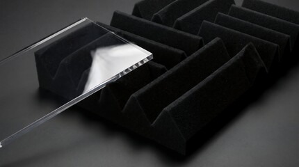 Fototapeta premium Sleek clear acrylic panel reflecting light, juxtaposed against a dark geometric acoustic foam wall for optimal sound dampening and modern studio aesthetics