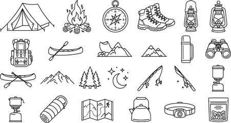Camping and outdoor adventure doodle vector illustration collection featuring tent bonfire compass hiking boots backpack canoe binoculars mountains map and fishing rod line icons. © MDHELAL