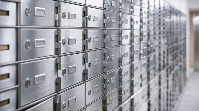 Wall of brushed metal safety deposit boxes in a secure vault, offering personal storage solutions