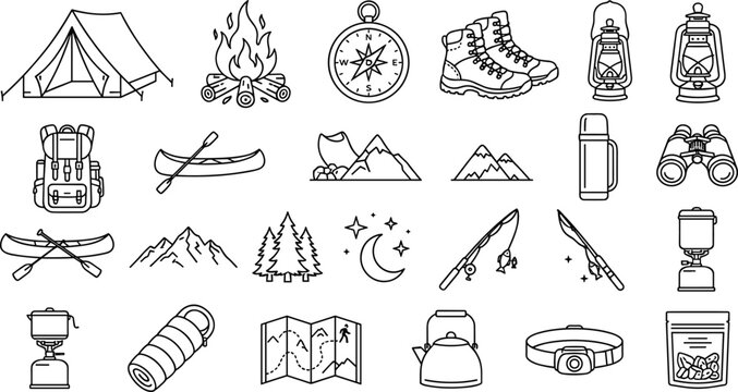 Camping and outdoor adventure doodle vector illustration collection featuring tent bonfire compass hiking boots backpack canoe binoculars mountains map and fishing rod line icons.