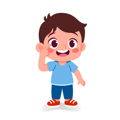 Cute cartoon boy character pointing to eye, adorable child mascot illustration with cheerful smile
