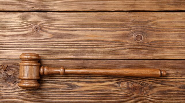 Wooden Judge Gavel Resting on Textured Wood Surface - Symbol of Law and Justice