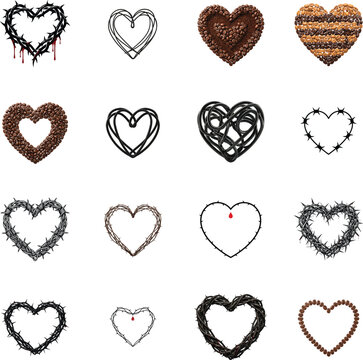 Collection of heart shapes made from barbed wire coffee beans and dark textures for romantic design projects