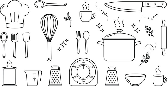 Kitchen utensils vector element set featuring line art icons of chef hat cooking pot knife whisk and baking tools on white background