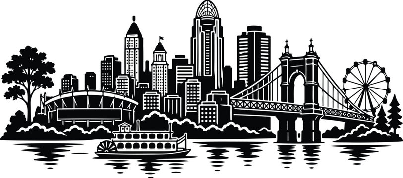 Cincinnati Skyline Silhouette Landscape Vector Illustration