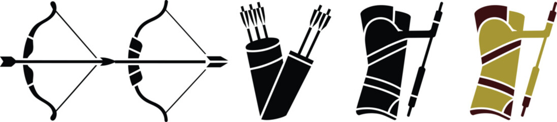 Archery equipment flat icons featuring traditional recurve bows, arrows in quivers, and arm guards for shooting sport enthusiasts and set, gear © lok0077