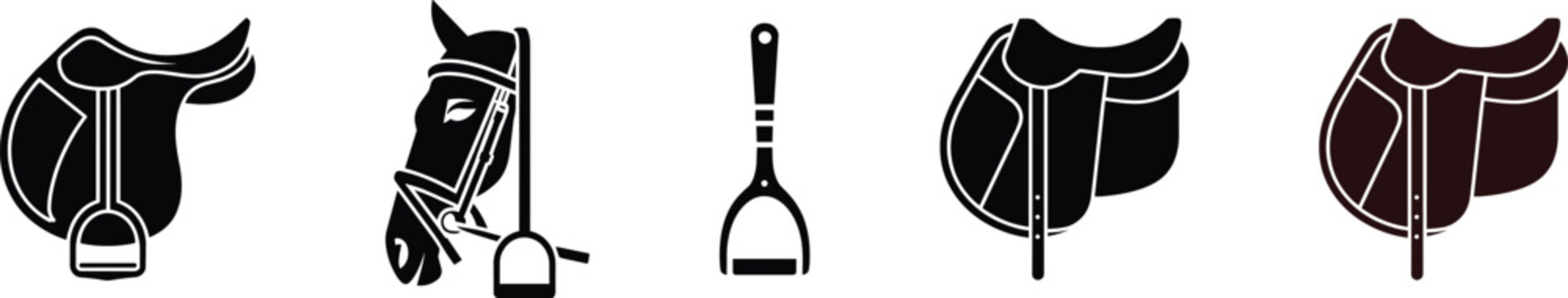 Equestrian gear and horse riding equipment icons featuring leather saddles with stirrups, head in a bridle, and stirrup leathers and tack and saddle