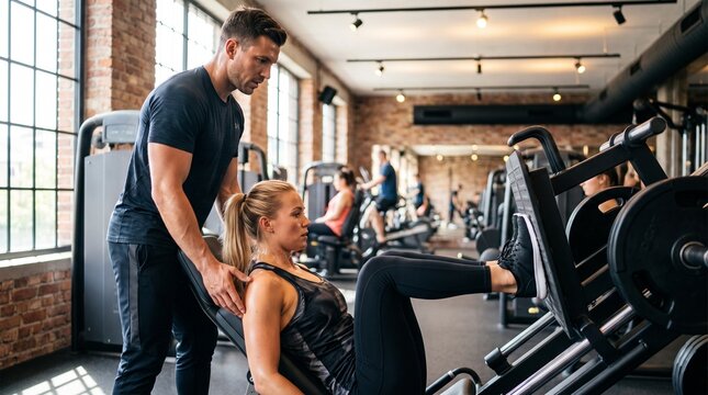 Female personal trainer coaching woman during leg workout. Fitness instructor guiding client in gym setting.