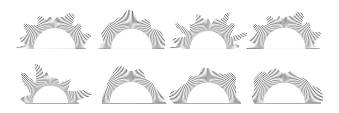 Minimalist radial sound wave and equalizer vector set. Geometric line art sunburst half circle logos for music podcast icon or boho astrology design. Vector.