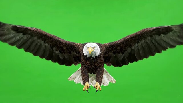 Majestic bald eagle flapping wings while soaring in place against a bright green screen background for easy keying and composting