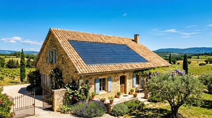 Naklejka premium Rustic Stone House With Solar Panels in Rolling Vineyards