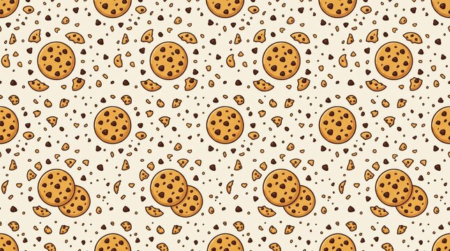 Seamless pattern with delicious chocolate chip cookies on beige background