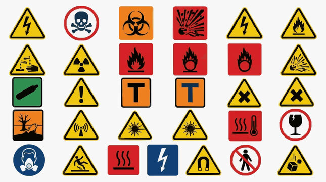 Modern Comprehensive Collection of Safety Warning and Hazard Symbols in Vibrant Colors for Industrial Lab and Public Use