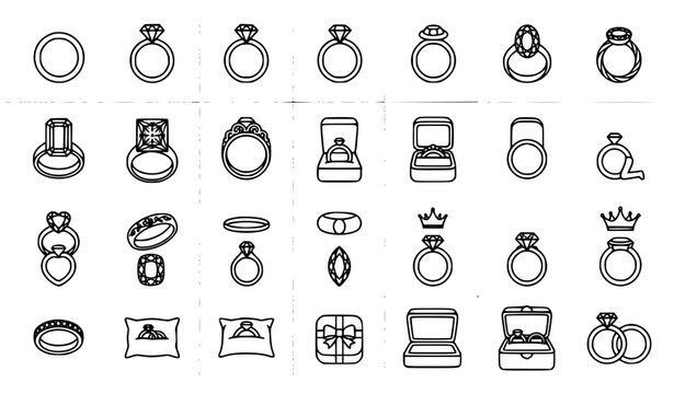 Premium ring, jewelry, diamond, proposal and wedding line icons set