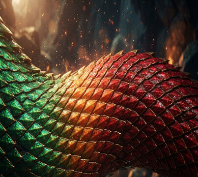 Dragon scale gradient blends emerald green orange crimson with gold