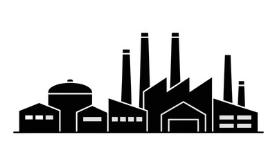 Obraz premium Minimalist black and white industrial factory skyline silhouette featuring geometric warehouses and smokestacks on a white background industrial infrastructure concept