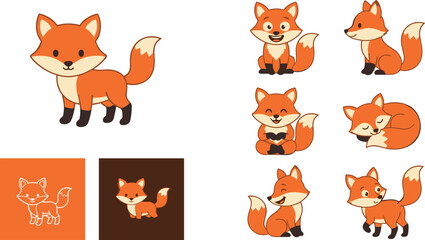 Obraz premium Cute Cartoon Red Fox Character Set with Various Poses and Expressions Including Sleeping Sitting and Walking for Children Book Designs