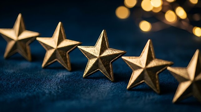 Five gold stars isolated on transparent background. Concept for high customer satisfaction and top quality ratings.