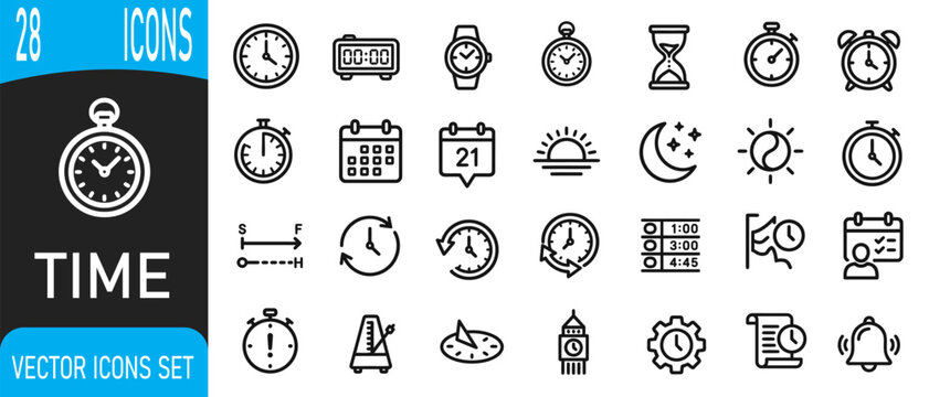 Comprehensive collection of time and clock icons presented as an editable vector set for professional graphic design projects
