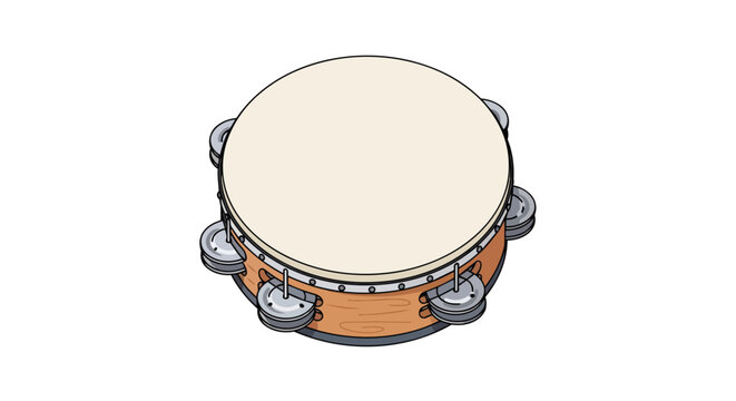 High Quality Illustration of a Classical Percussion Tambourine with Chrome Zils and Wood Frame for Music Design Projects