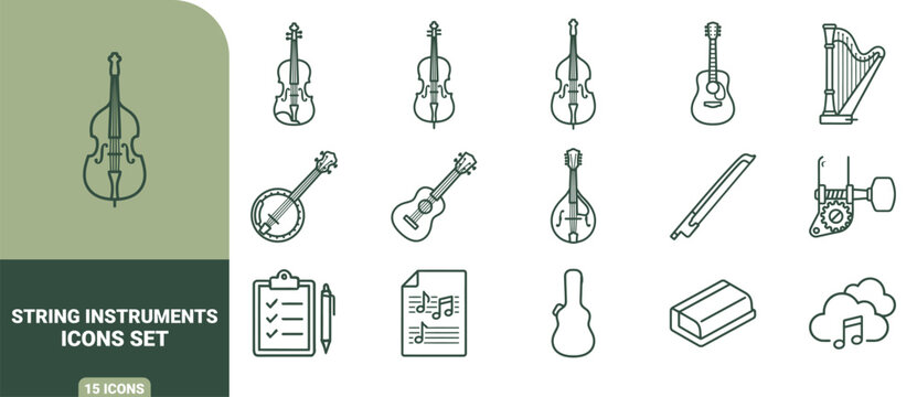 Set of 15 dark green line icons depicting various string musical instruments, including a violin, cello, double bass, guitar, harp, and banjo
