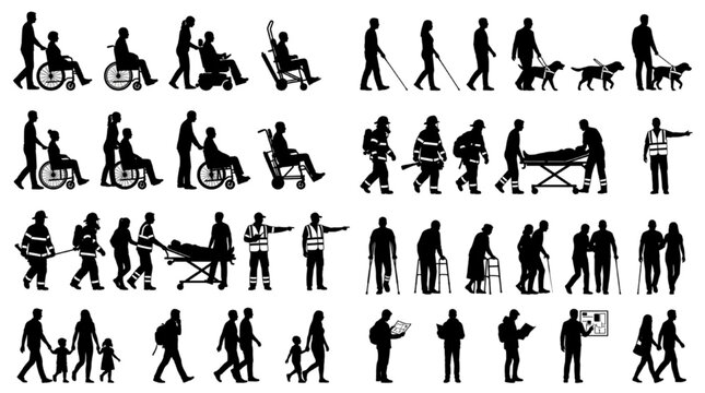Disabled and paramedic silhouettes vector set accessible emergency CAD block