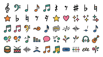 Fototapeta premium Musical icons collection displays various colorful notes and instrument symbols for audio production.
