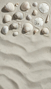 Seashells Scattered on Sandy Beach: A collection of diverse seashells, including scallops and sand dollars, artfully arranged on rippled sand.