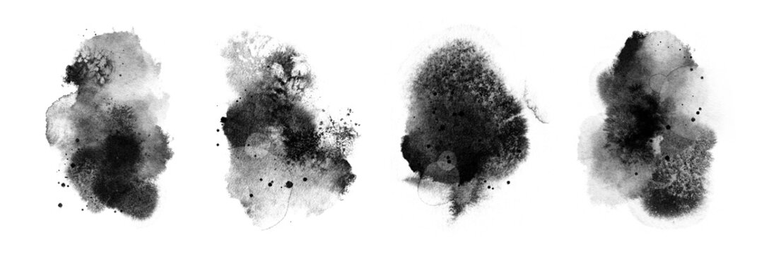 Abstract halftone ink blob, grunge art set. Black paint stroke texture. Wallpaper design. Hand drawn watercolor isolated illustration