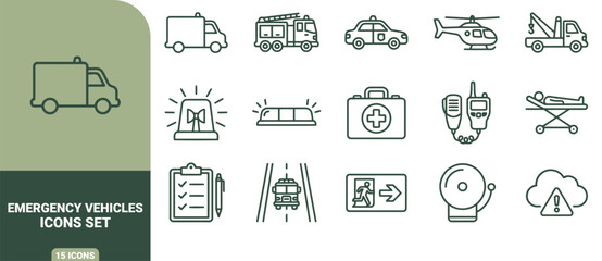 Set of 15 emergency service icons featuring vehicles, medical equipment, and safety symbols in a minimalist dark green line style © Gra-fix PNG