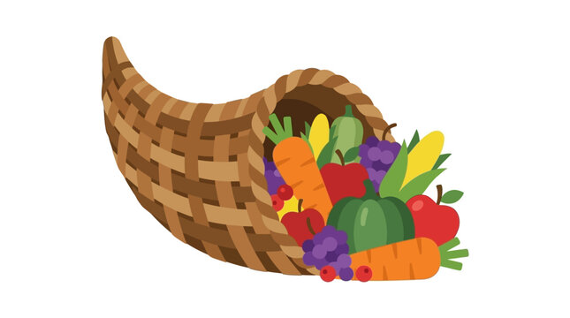 Cornucopia overflows with a harvest of fresh autumn vegetables and fruits including pumpkins and carrots to celebrate the season.