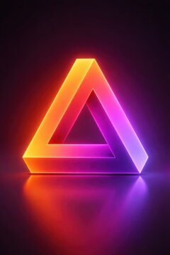 Luminous neon Penrose triangle glowing brightly with vibrant orange pink blue gradient lighting