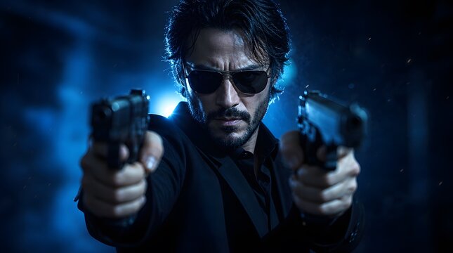 A mysterious man in a suit holding two handguns in a dark blue cinematic atmosphere.