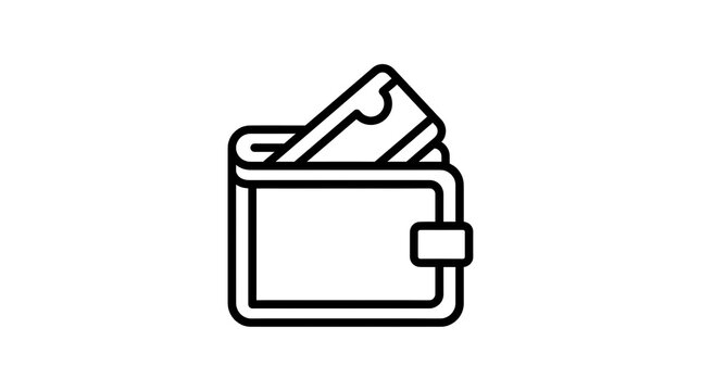 Minimalist wallet icon with credit card, black line art money purse symbol, financial payment and banking graphic on white background