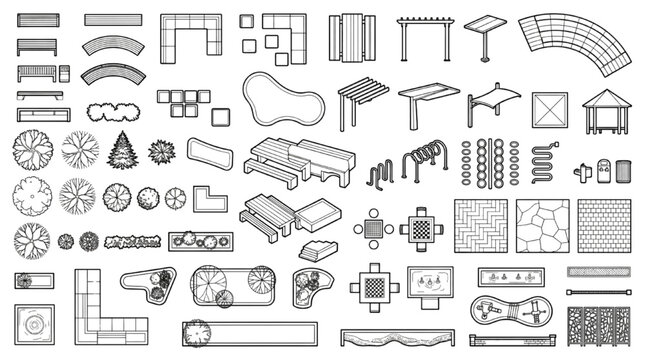 Landscape design cad blocks garden outdoor furniture top view vector set