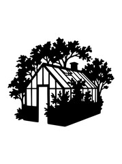 Fototapeta premium Greenhouse silhouette illustration surrounded by trees and plants