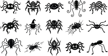 Fototapeta premium Set of hand drawn black spider icons for halloween decorations and spooky holiday design elements on white background