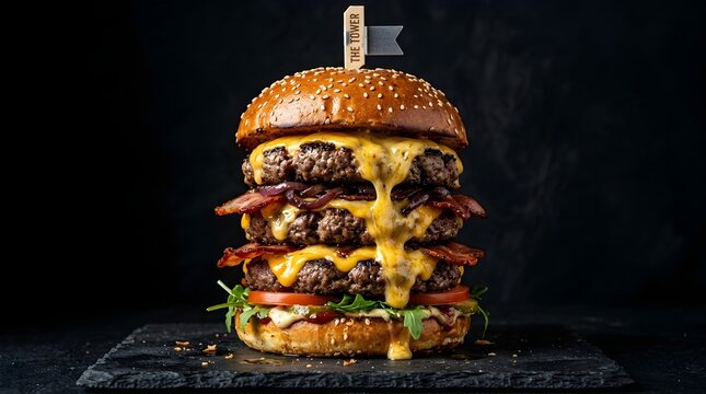 Gourmet triple cheeseburger stacked high with toppings. Juicy layered burger with melted cheddar and fresh vegetables for food photography.