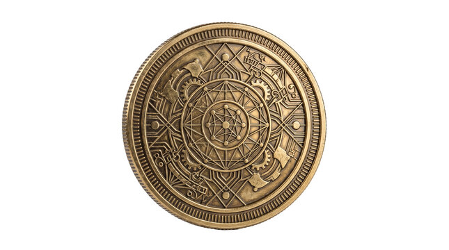 Detailed bronze coin showing intricate geometric patterns and industrial gear designs against a plain white background