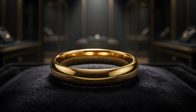 Luxury Gold Wedding Band Resting on Dark Velvet Display