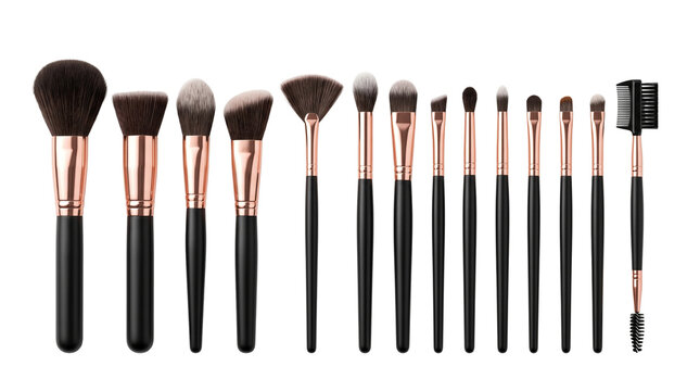Professional makeup brush set with black handles and rose gold ferrules isolated on white background